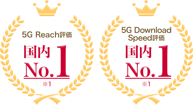 5G Reach評価 国内No.1（※1） 5G Download Speed評価 国内No.1（※1）