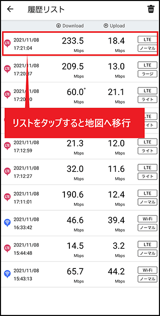 速度履歴表示画面の画像