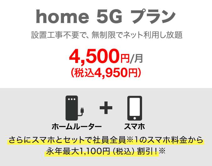 home 5G プラン 月額4,500円(税込4,950円) さらにスマホとセットで社員全員のスマホ料金から永年最大1,100円(税込)割引!