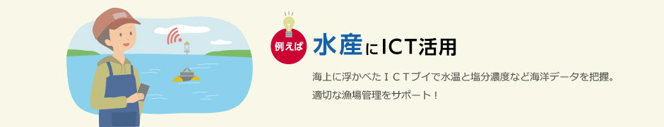たとえば水産にICT活用。海上に浮かべたICTブイで水温と塩分濃度など海洋データを把握。適切な漁場管理をサポート!