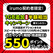 irumo契約者限定！1GB追加実質半額相当キャンペーン dポイント（期間・用途限定）550ポイントプレゼント！