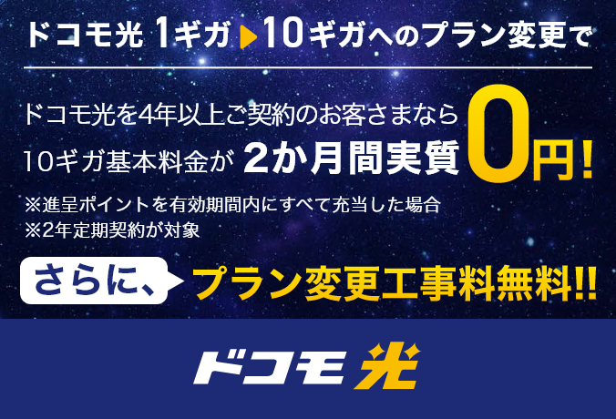 「ドコモ光」ドコモ光 1ギガから10ギガへのプラン変更で ドコモ光を4年以上ご契約のお客さまなら10ギガ基本料金が2か月間実質0円！ ※進呈ポイントを有効期間内にすべて充当した場合 ※2年定期契約が対象 さらに、プラン変更工事料無料！！