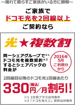 光★複数割 ～離れて暮らすご家族がいる方に朗報～ ご家族でドコモ光を2回線以上ご契約なら 同一シェアグループ（注意1）でドコモ光を複数契約（注意2）するとシェアパックの料金が2回線目以降のドコモ光1回線あたり月額330円（税込）割引！ 2016年5月ご利用分から （注意3）2台目プラスは対象外（注意4）「ドコモ光ミニ」契約は対象外