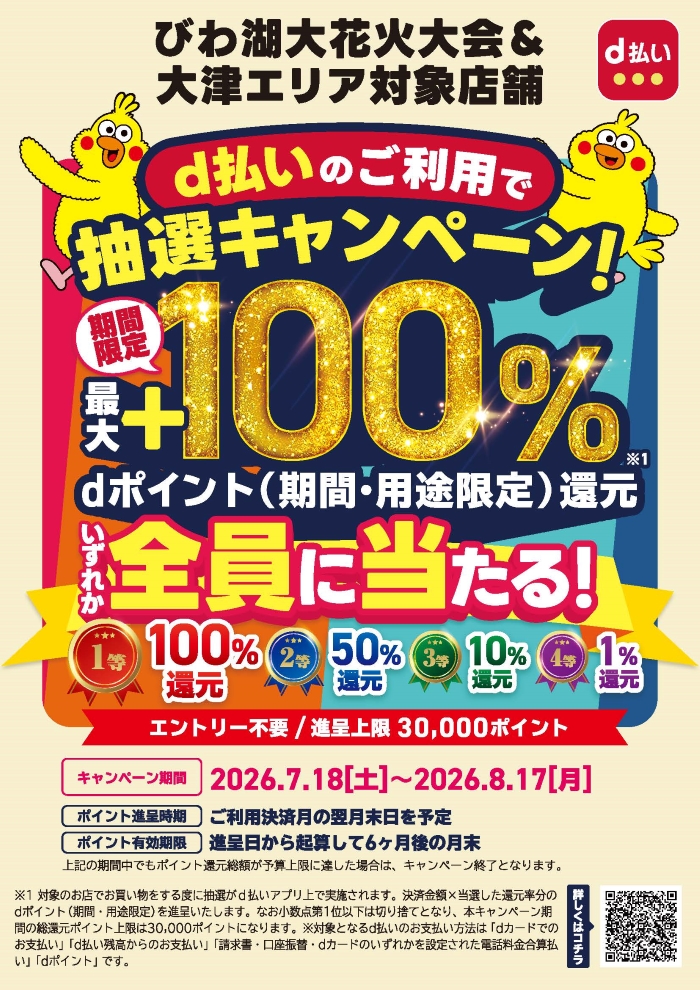 びわ湖大花火大会で盛り上がろう！大津限定！d払いでお得にお買い物を楽しもうキャンペーン