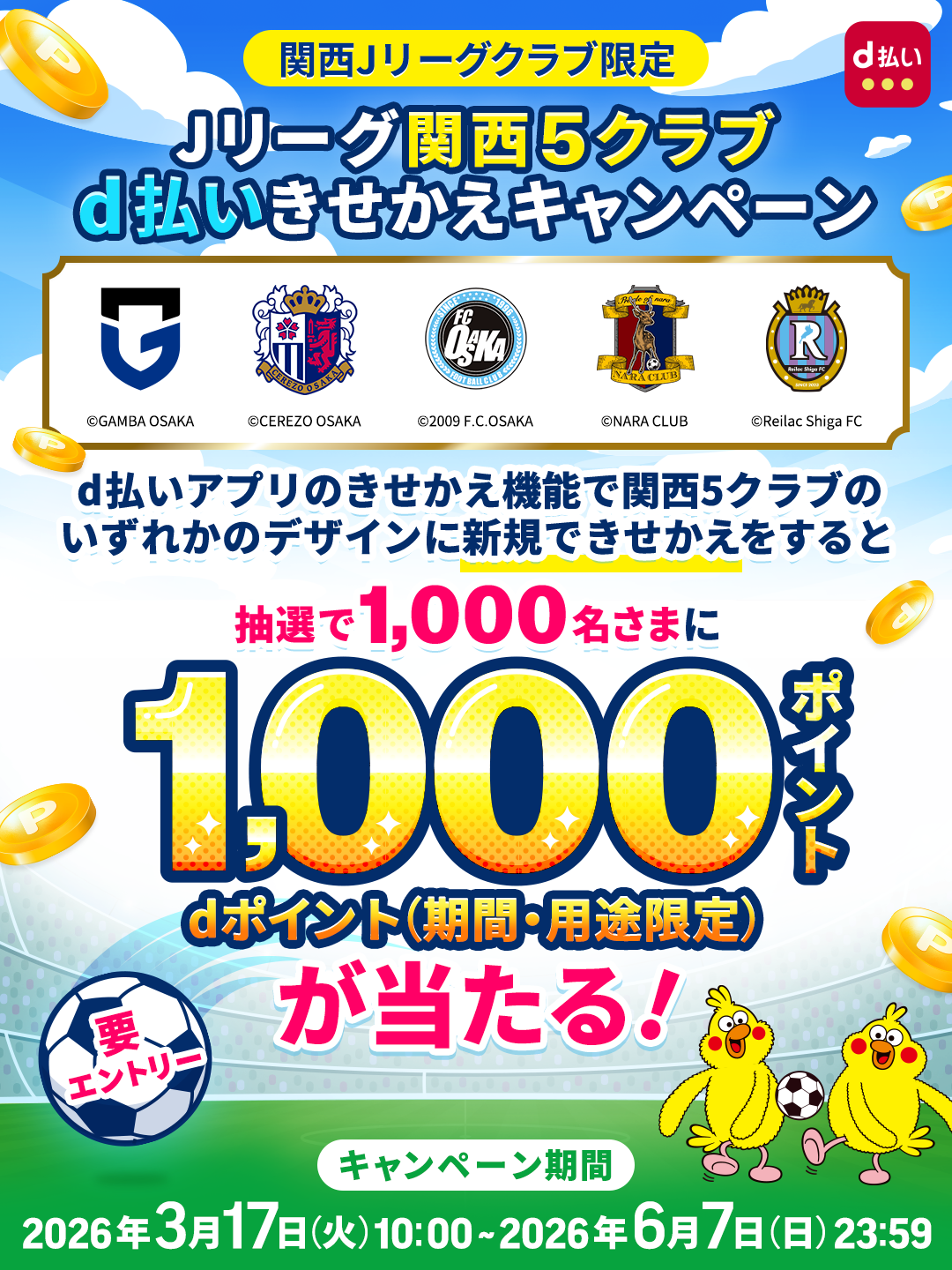 関西Jリーグクラブ限定 Jリーグ関西5クラブd払いきせかえキャンペーン