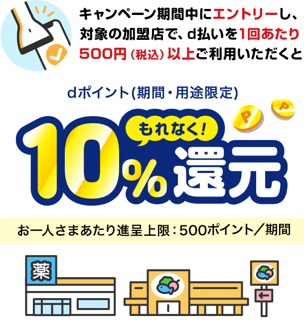 キャンペーン期間中にエントリーし、対象の加盟店で、d払いを1回あたり500円（税込）以上ご利用いただくともれなくdポイント(期間・用途限定)10%還元！お一人さまあたり進呈上限：500ポイント／期間