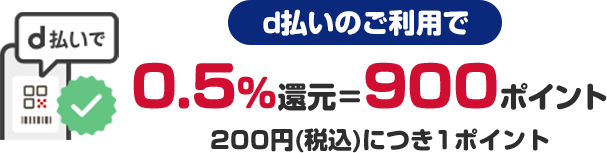 d払いのご利用で0.5％還元＝900ポイント200円(税込)につき1ポイント