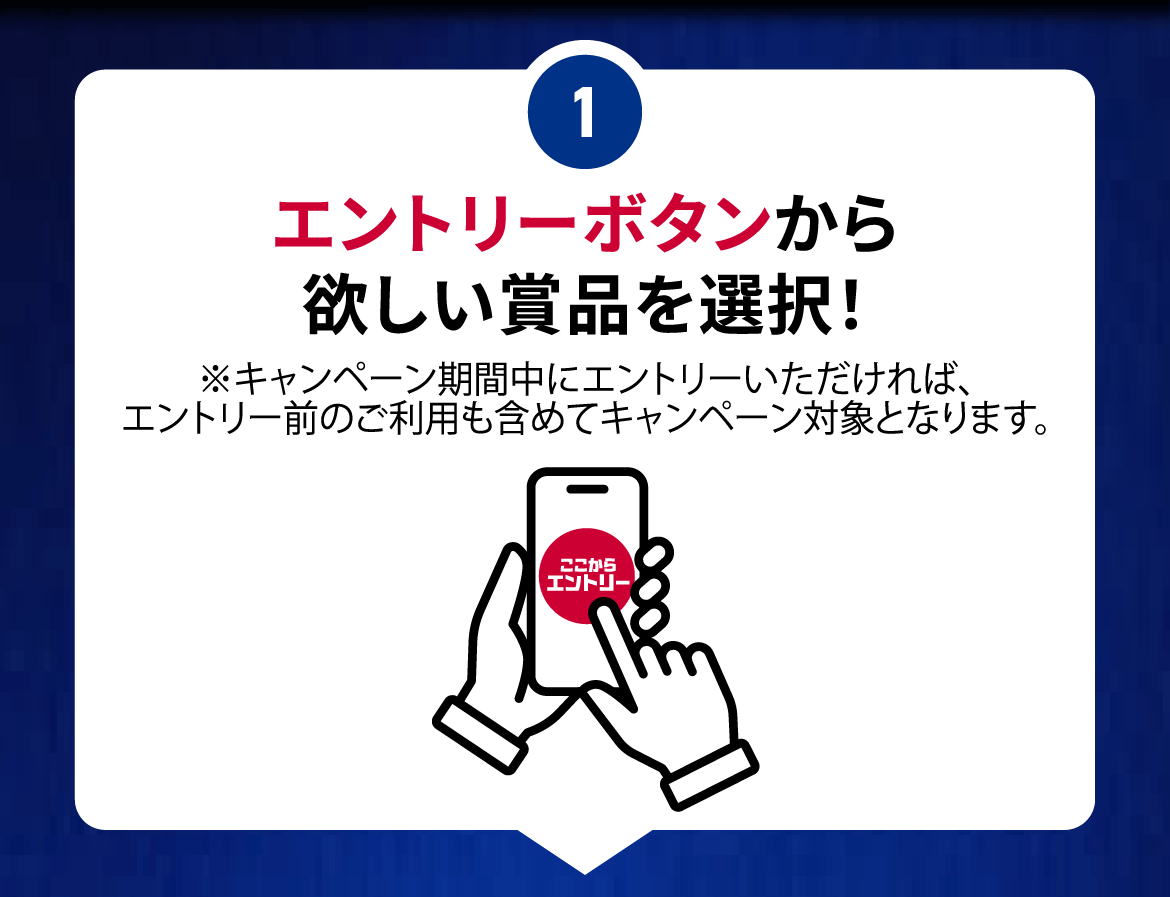 1. エントリーボタンから欲しい賞品を選択！ ※キャンペーン期間中にエントリーいただければ、エントリー前のご利用も含めてキャンペーン対象となります。