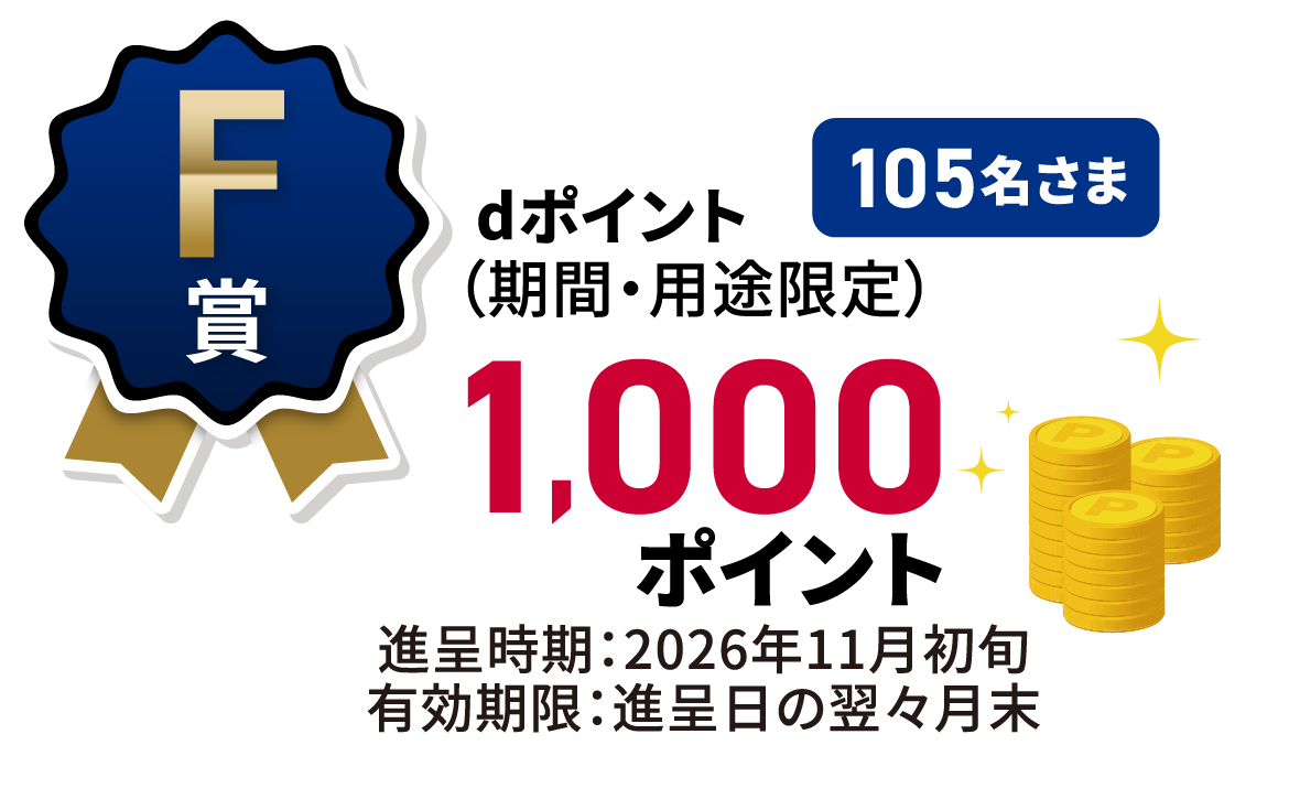 F賞 105名さま dポイント （期間・用途限定）1,000ポイント 進呈時期：2026年11月初旬 有効期限：進呈日の翌々月末