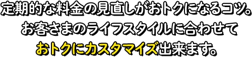 定期的な料金の見直しがおトクになるコツ。お客さまのライフスタイルに合わせておトクにカスタマイズ出来ます。