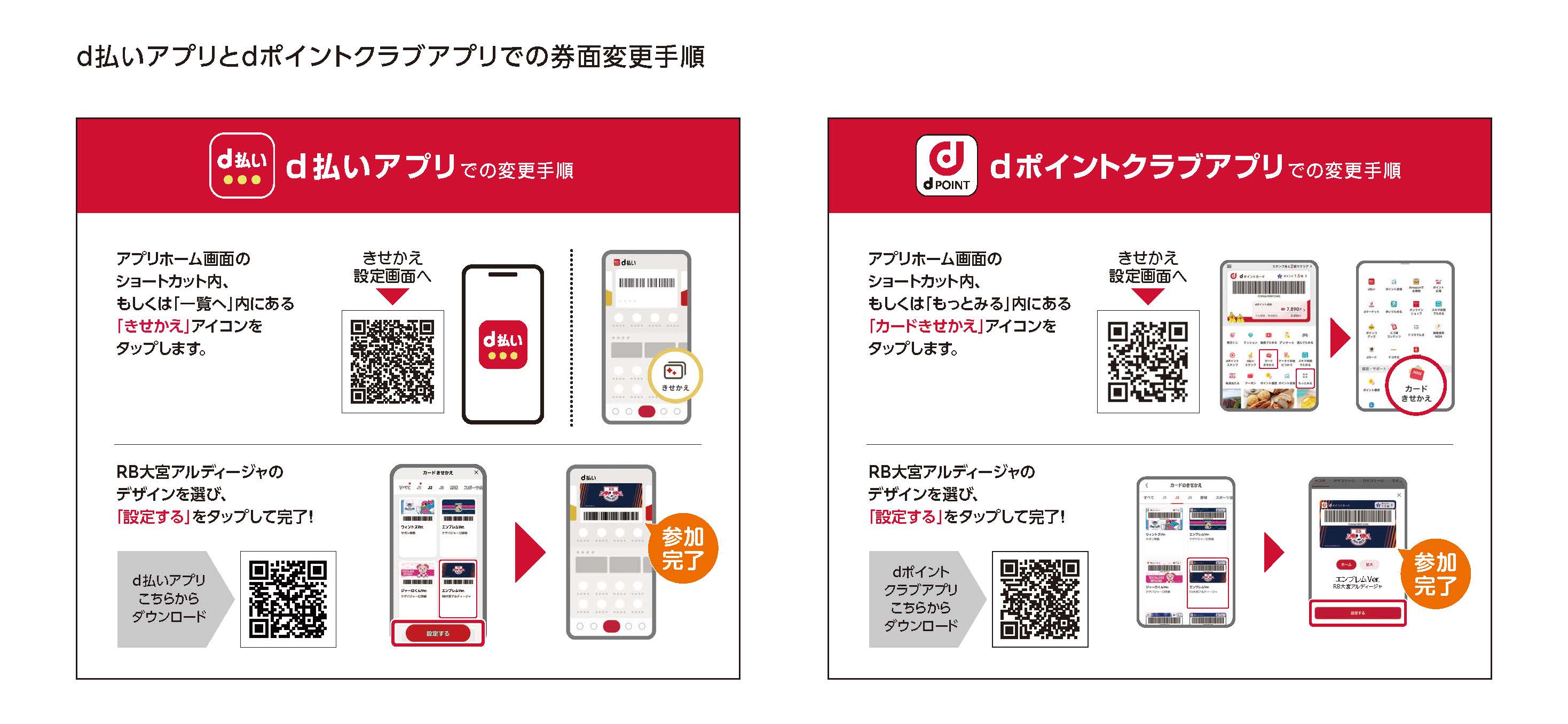 d払いアプリとdポイントクラブアプリでの券面変更手順 d払いアプリでの変更手順 アプリホーム画面のショートカット内、もしくは「一覧へ」内にある「きせかえ」アイコンをタップします。 RB大宮アルディージャのデザインを選び、「設定する」をタップして完了！ dポイントクラブアプリでの変更手順 アプリホーム画面のショートカット内、もしくは「もっとみる」内にある「カードきせかえ」アイコンをタップします。 RB大宮アルディージャのデザインを選び、「設定する」をタップして完了！