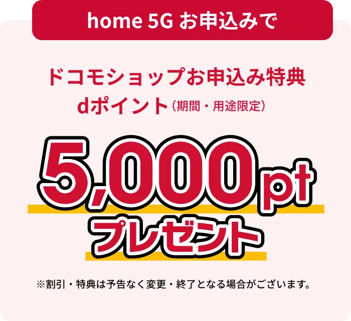 home 5Gお申し込みでドコモショップお申し込み特典dポイント（期間・用途限定）10,000ptプレゼント ※割引・特典は予告なく変更・終了となる場合がございます。