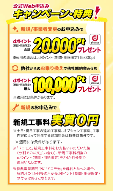 公式Web申込みキャンペーン・特典 新規/事業者変更のお申込みでdポイント(期間・用途限定)合計20,000ptプレゼント※転用の場合はdポイント(期間・用途限定)15,000pt 他社からのお乗り換えで他社解約金のうちdポイント(期間・用途限定)最大100,000ptプレゼント※適用には条件があります。新規のお申込みで新規工事料実質0円※土日・祝日工事の追加工事料、オプション工事料、工事内容によって発生する追加料金は特典対象外です。※適用には条件があります。※「ドコモ光」新規工事料をお支払いいただいた後(分割でのお支払い含む)、新規工事料相当のdポイント(期間・用途限定)を24か月分割で進呈いたします。※特典進呈期間中に「ドコモ光」を解約となった場合、解約月の1か月後の月からdポイント(期間・用途限定)の付与は終了となります。