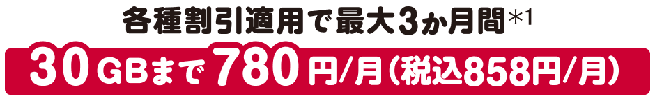 各種割引適用で最大3か月間*1 30GBまで780円／月（税込858円／月）