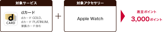 対象サービス dカード（dカード GOLD、dカード PLATINUM、家族カード含む）＋対象アクセサリー Apple Watch→進呈ポイント3,000ポイント