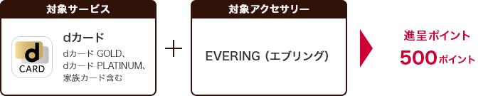 対象サービス dカード（dカード GOLD、dカード PLATINUM、家族カード含む）＋対象アクセサリー EVERING（エブリング）→進呈ポイント500ポイント