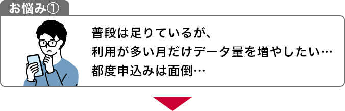 お悩み1 普段は足りているが、利用が多い月だけデータ量を増やしたい…都度申込みは面倒…