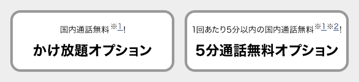 国内通話無料※1！ かけ放題オプション 1回あたり5分以内の国内通話無料※1※2！ 5分通話無料オプション