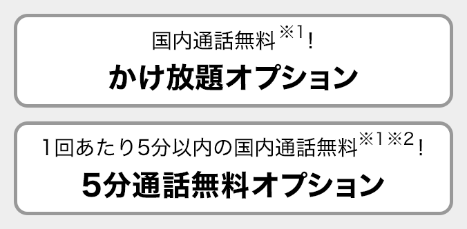 国内通話無料※1！ かけ放題オプション 1回あたり5分以内の国内通話無料※1※2！ 5分通話無料オプション