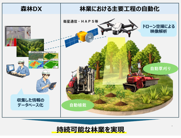 森林DX：収集した情報のデータベース化 林業における主要工程の自動化：衛星通信・HAPS等、ドローン空撮による映像解析、自動草刈り、自動植栽 &rarr; 持続可能な林業を実現