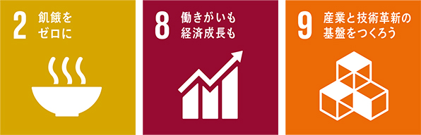 目標2:飢餓をゼロに、目標8:働きがいも経済成長も、目標9:産業と技術革新の基盤をつくろう