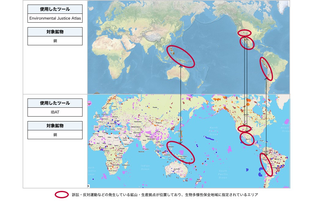 訴訟・反対運動などの発生している鉱山・生産拠点が位置しており、生物多様性保全地域に指定されているエリアを示す世界地図