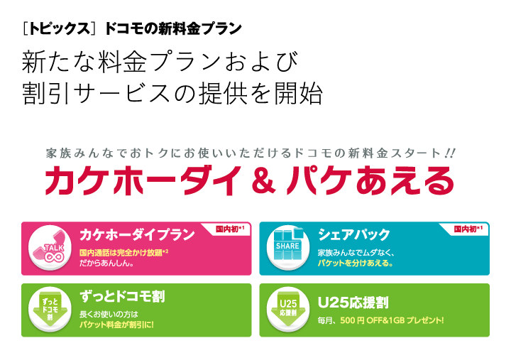 [トピックス]ドコモの新料金プラン　新たな料金プランおよび割引サービスの提供を開始　家族みんなでおトクにお使いいただけるドコモの新料金スタート！！　カケホーダイ＆パケあえる