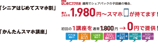 「シニアはじめてスマホ割」「かんたんスマホ講座」