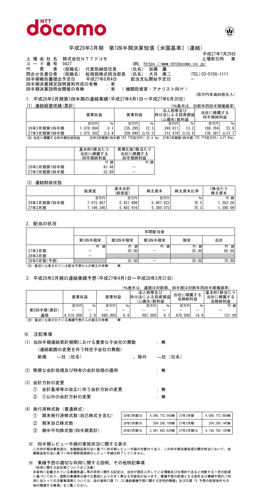 2016年3月期 第1四半期 決算短信