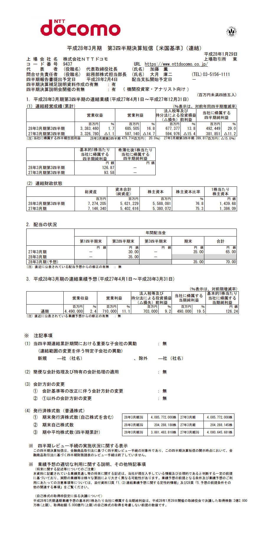 2016年3月期 第3四半期 決算短信