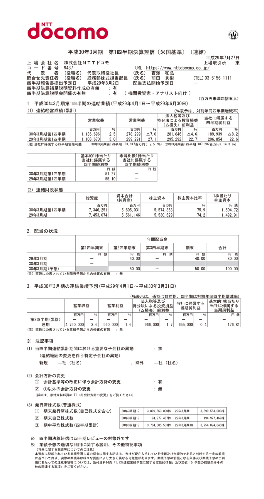 2018年3月期 第1四半期 決算短信