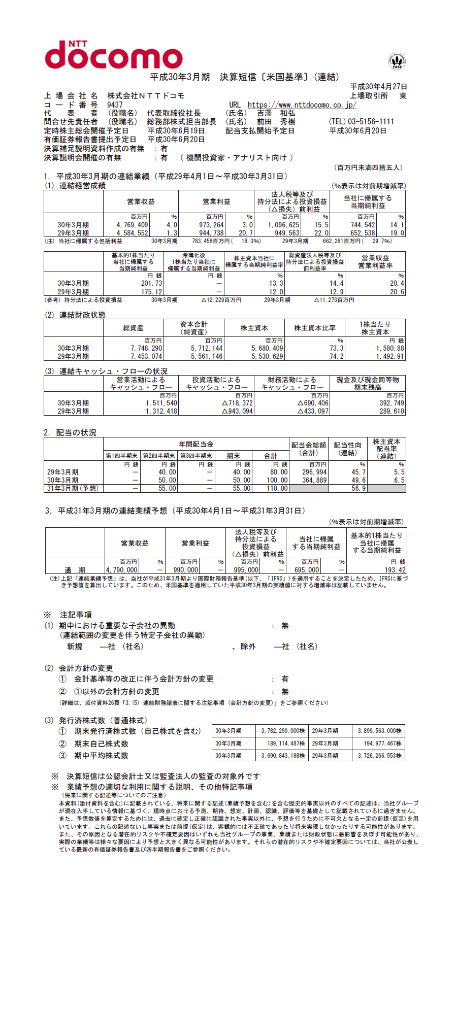 2018年3月期 決算短信