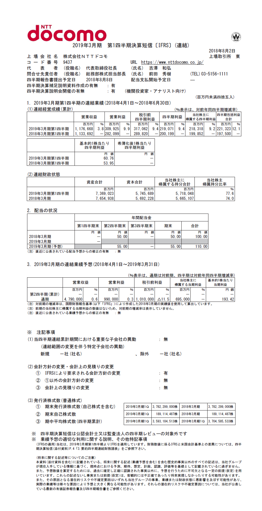 2019年3月期 第1四半期 決算短信