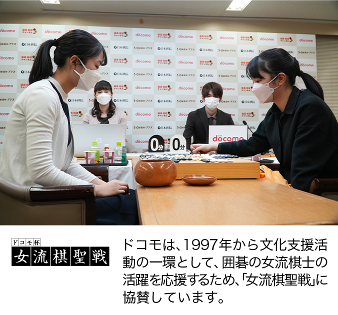 ドコモは、1997年から文化支援活動の一環として、囲碁の女流棋士の活躍を応援するため、「女流棋聖戦」に協賛しています。写真：ドコモ杯女流棋聖戦の模様。ロゴ：ドコモ杯女流棋聖戦。