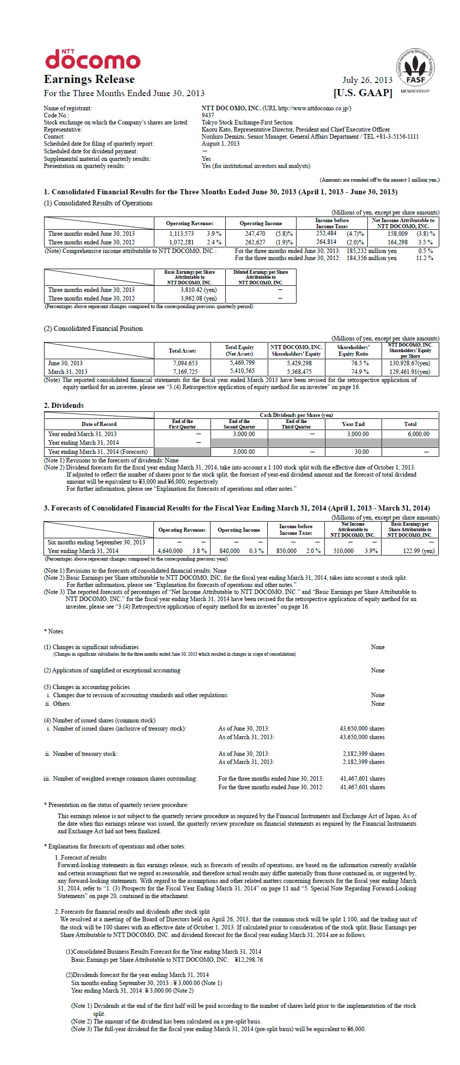 1Q FY2013 Earnings Release