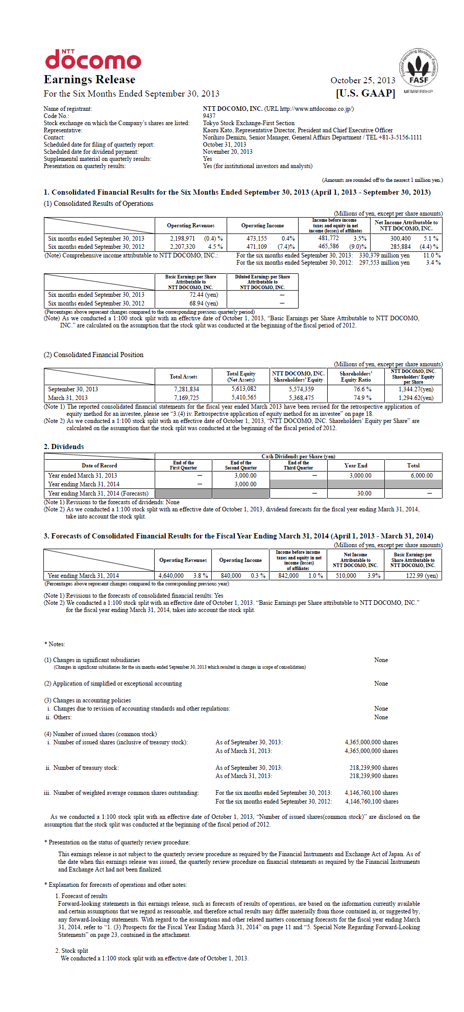 2Q FY2013 Earnings Release