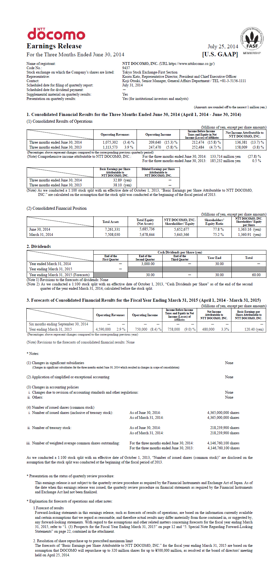 1Q FY2014 Earnings Release