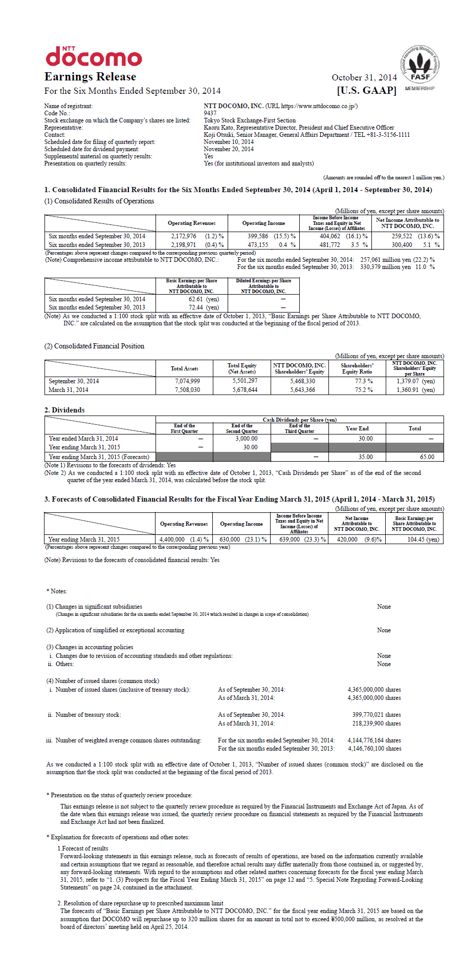 2Q FY2014 Earnings Release