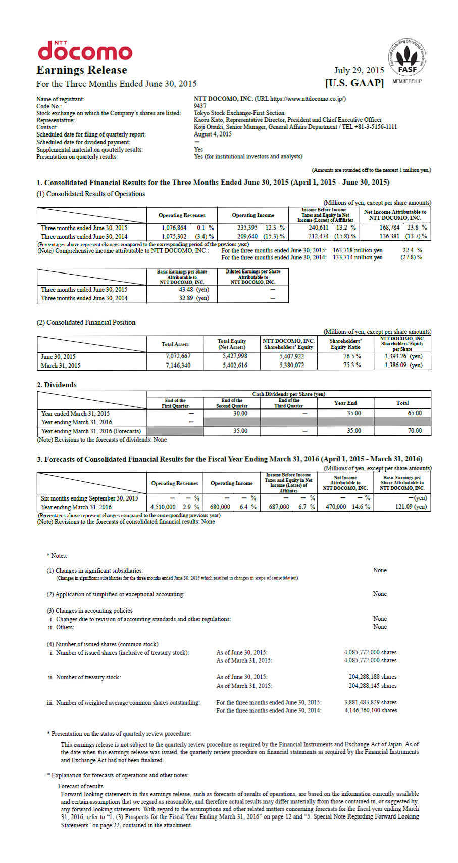 1Q FY2015 Earnings Release