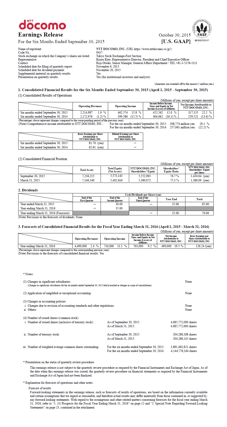 2Q FY2015 Earnings Release