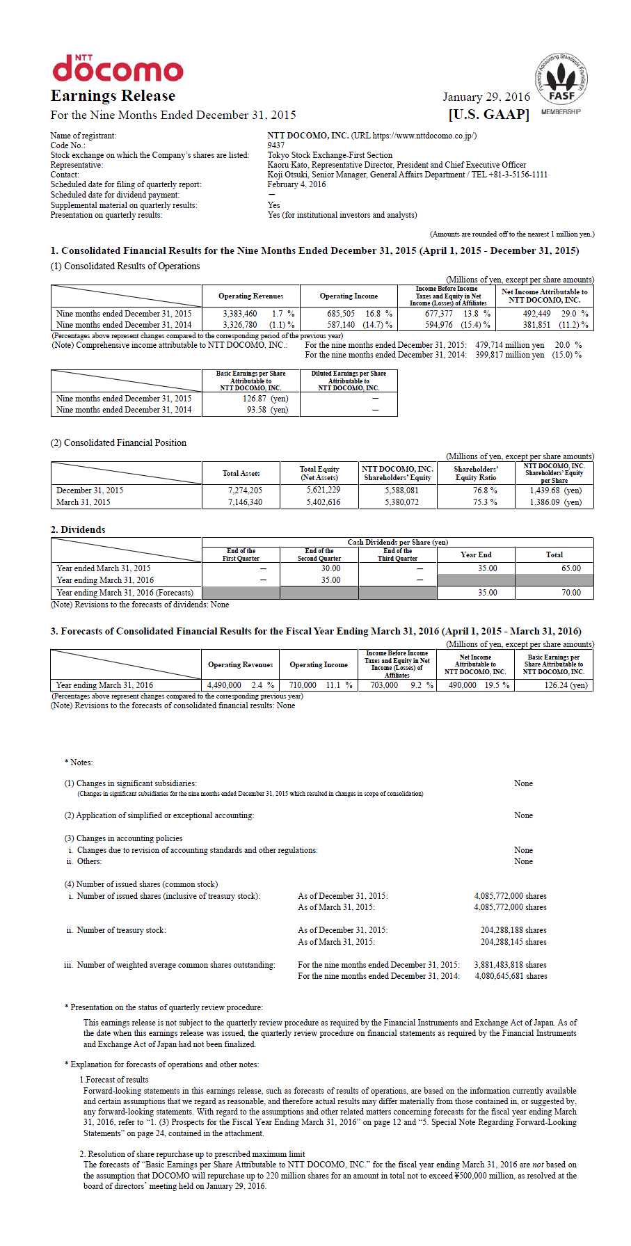 3Q FY2015 Earnings Release