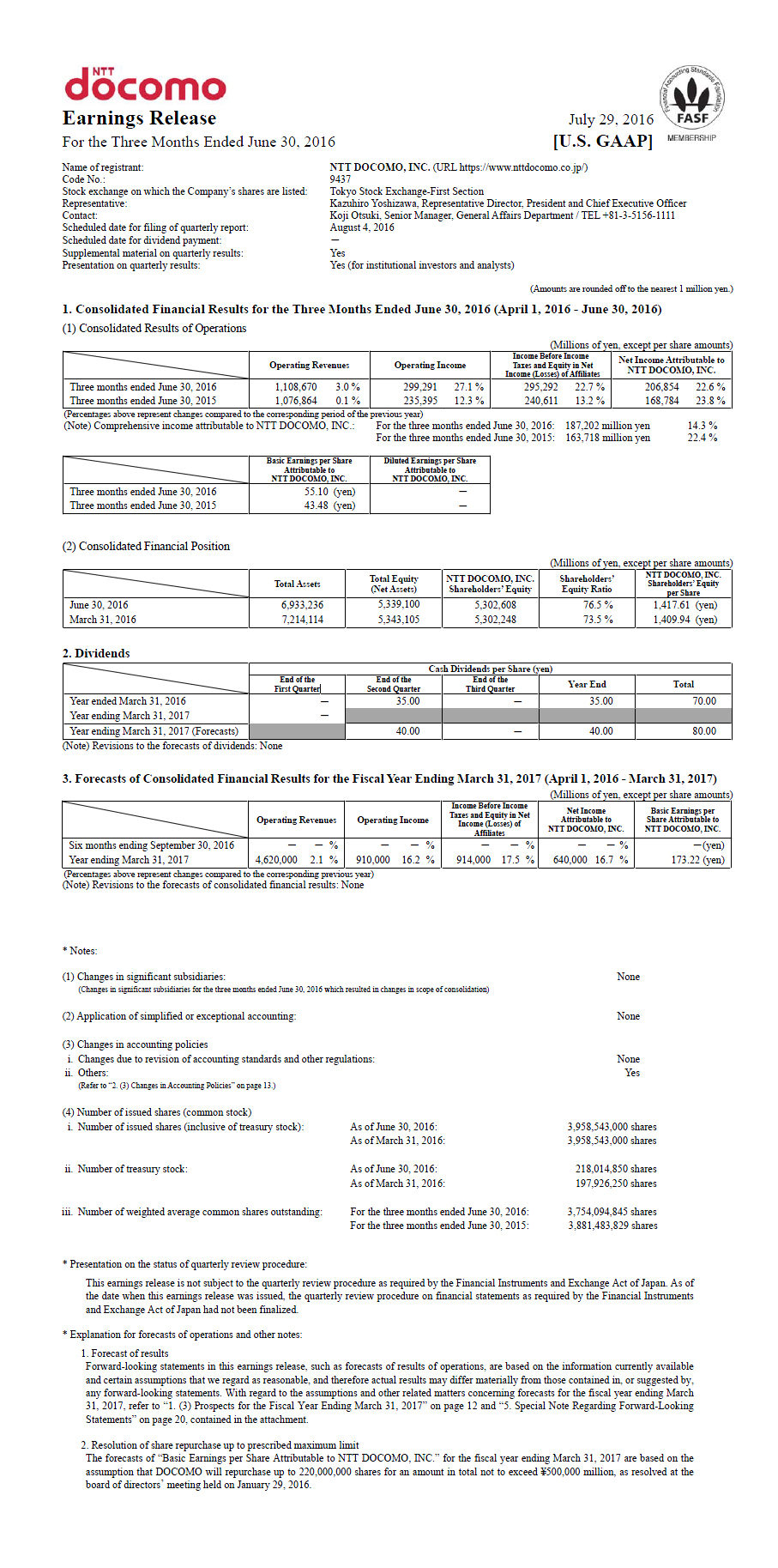 1Q FY2016 Earnings Release