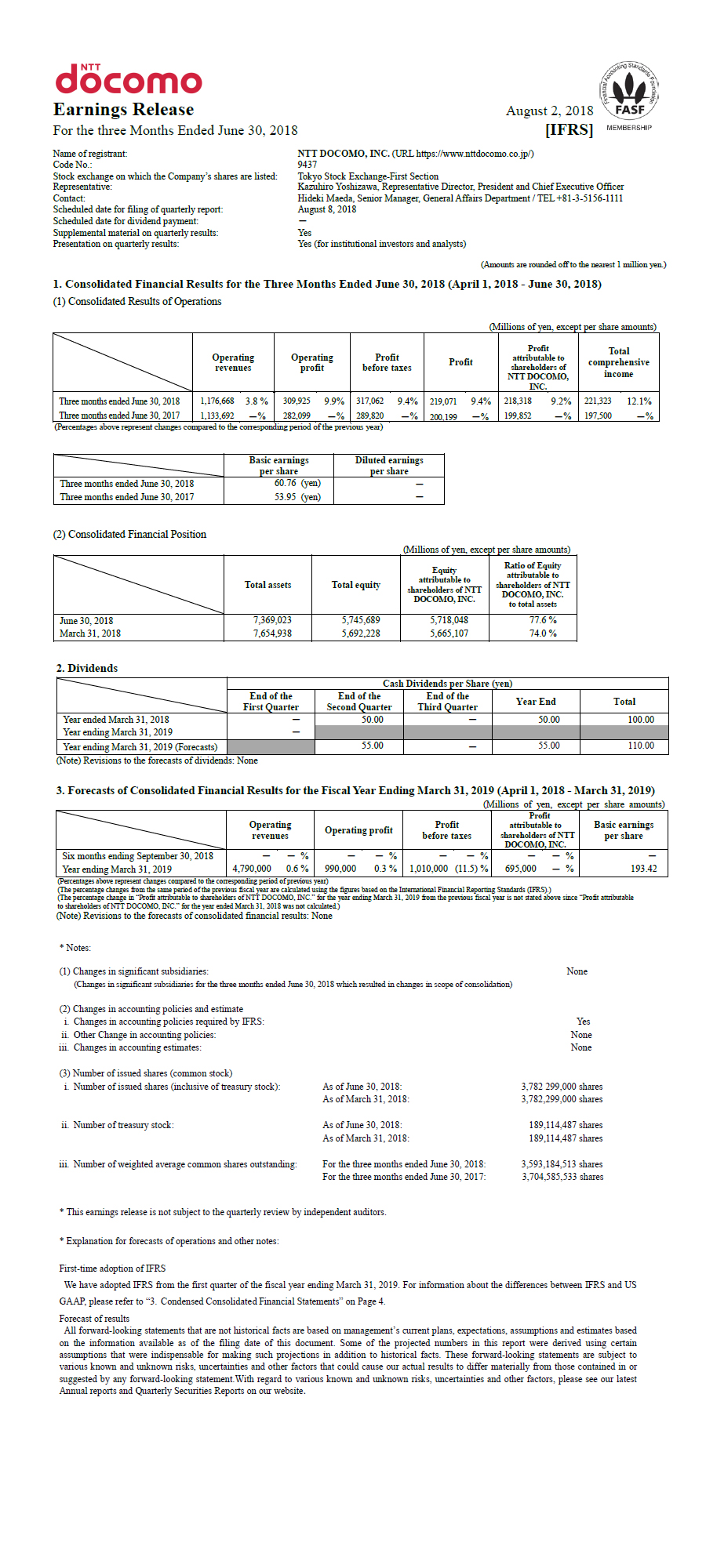 1Q FY2018 Earnings Release