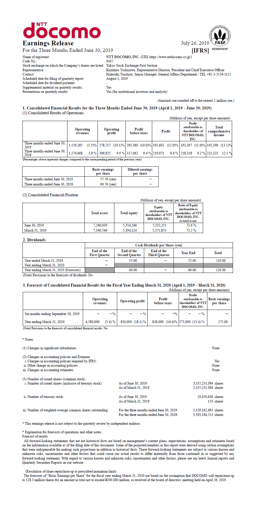 1Q FY2019 Earnings Release