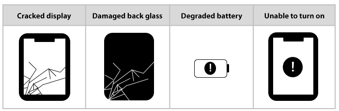 Cracked display, damaged back glass, degraded battery, unable to turn on, etc.
