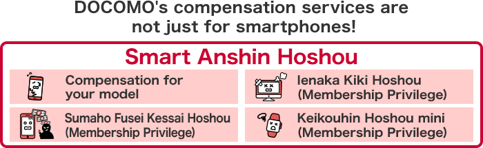 DOCOMO's compensation services are not just for smartphones! Compensation for your model, Ienaka Kiki Hoshou (Membership Privilege), Sumaho Fusei Kessai Hoshou (Membership Privilege), Keikouhin Hoshou mini (Membership Privilege)