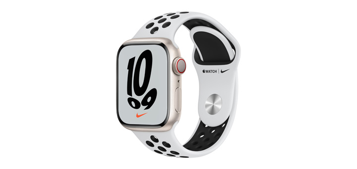 Apple Watch Nike Series 7 41mm スターライトアルミニウムケースとピュアプラチナム／ブラックNikeスポーツバンド