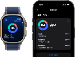 ナチュラルチタニウムケースのApple Watch Ultra 3。睡眠スコアの画面、円グラフによる内訳の表示、中央にスコア。ブルーのトレイルループバンド