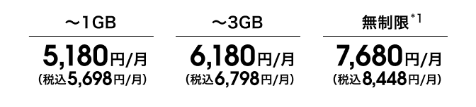 1Gまで5,698円／月（税込） 3Gまで6,798円／月（税込） 無制限*1 8,448円／月（税込）