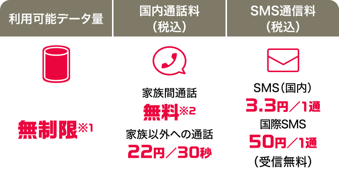 利用可能データ量 無制限*1 国内通話料(税込) 家族間通話:無料*2 家族以外への通話:22円/30秒 SMS通信料(税込)SMS(国内):3.3円/1通 国際SMS:50円/1通(受信無料)